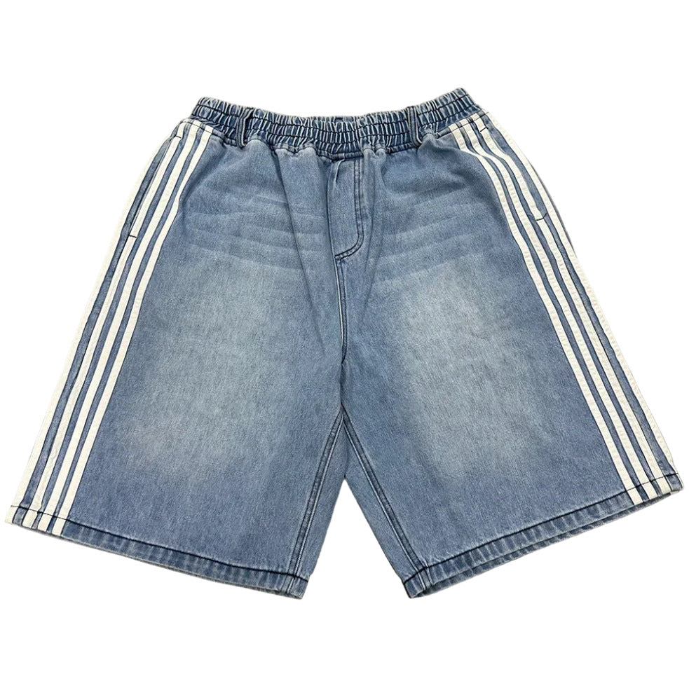 Blue denim shorts with white stripes on a white background