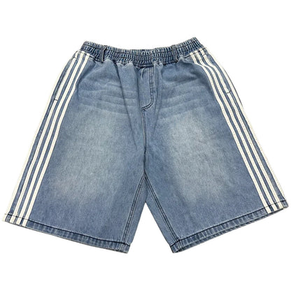 Blue denim shorts with white stripes on a white background