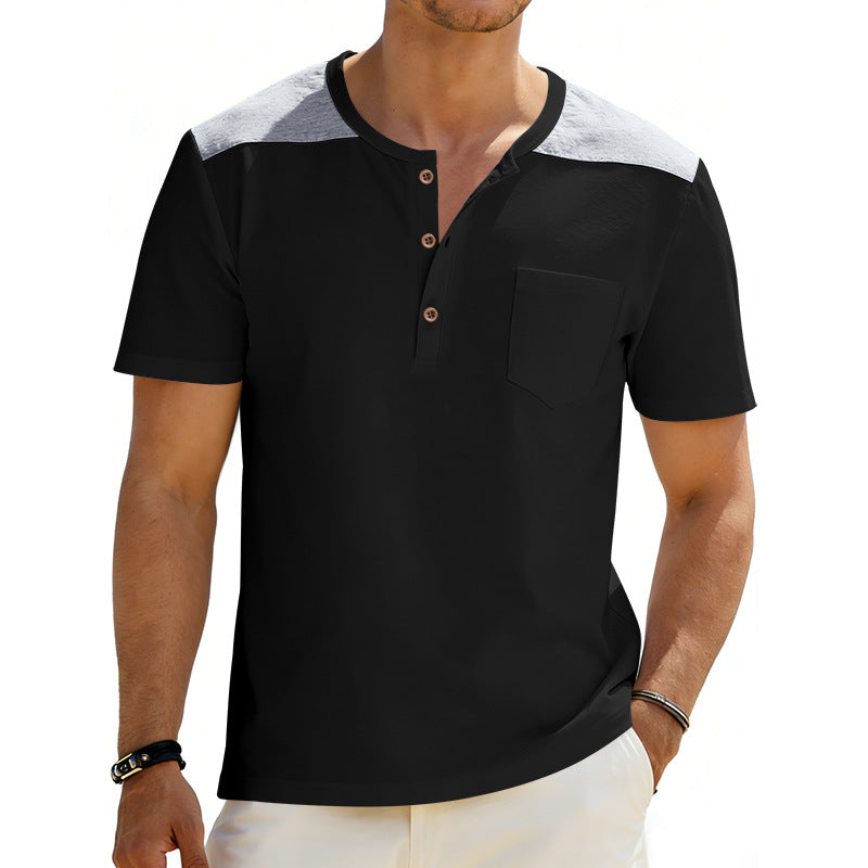 Black and white short-sleeve henley shirt worn by a person on a white background