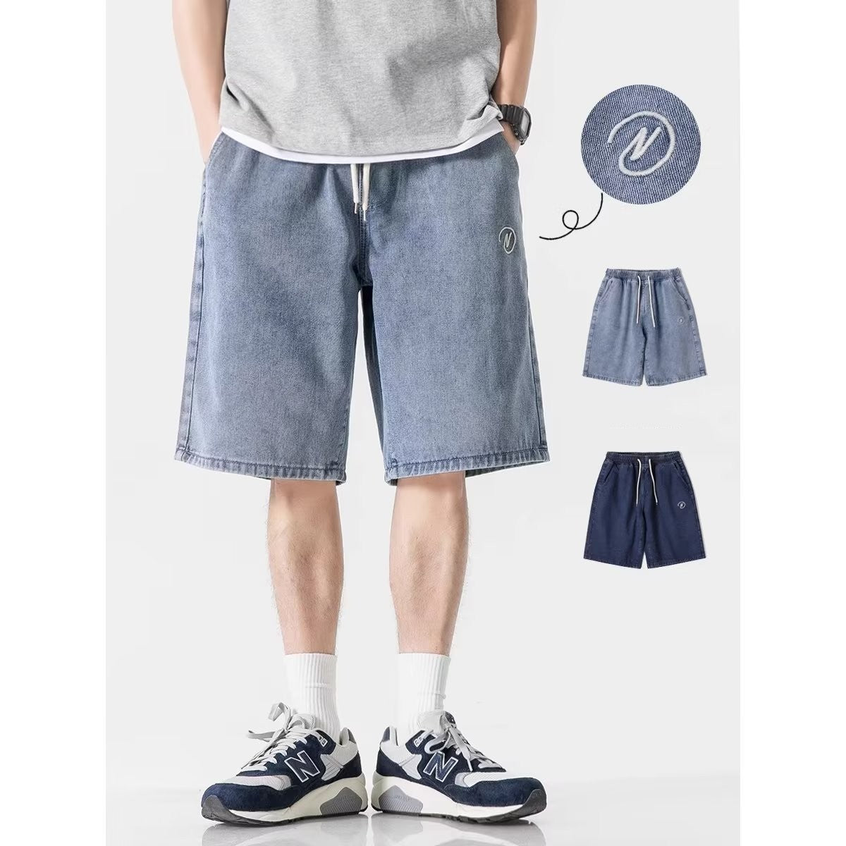 Person wearing blue denim shorts with additional shorts displayed below on a white background