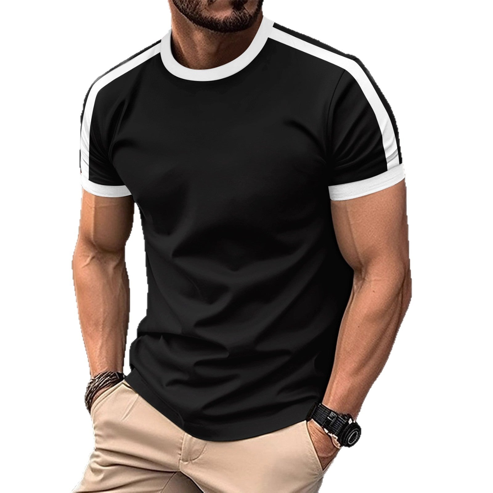 Man wearing a black t-shirt with white stripes on sleeves against a white background