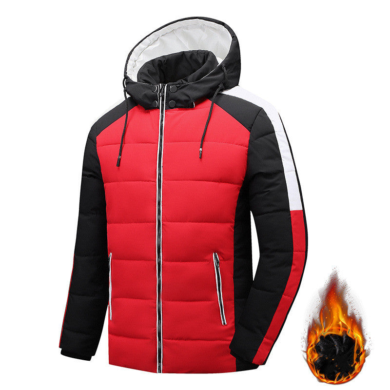 Red and black puffer jacket with flame graphic on a white background