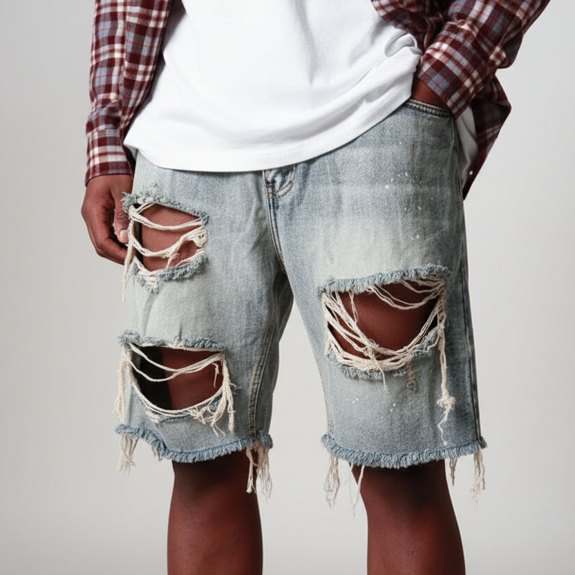 Person wearing ripped denim shorts sitting on a chair with a neutral background