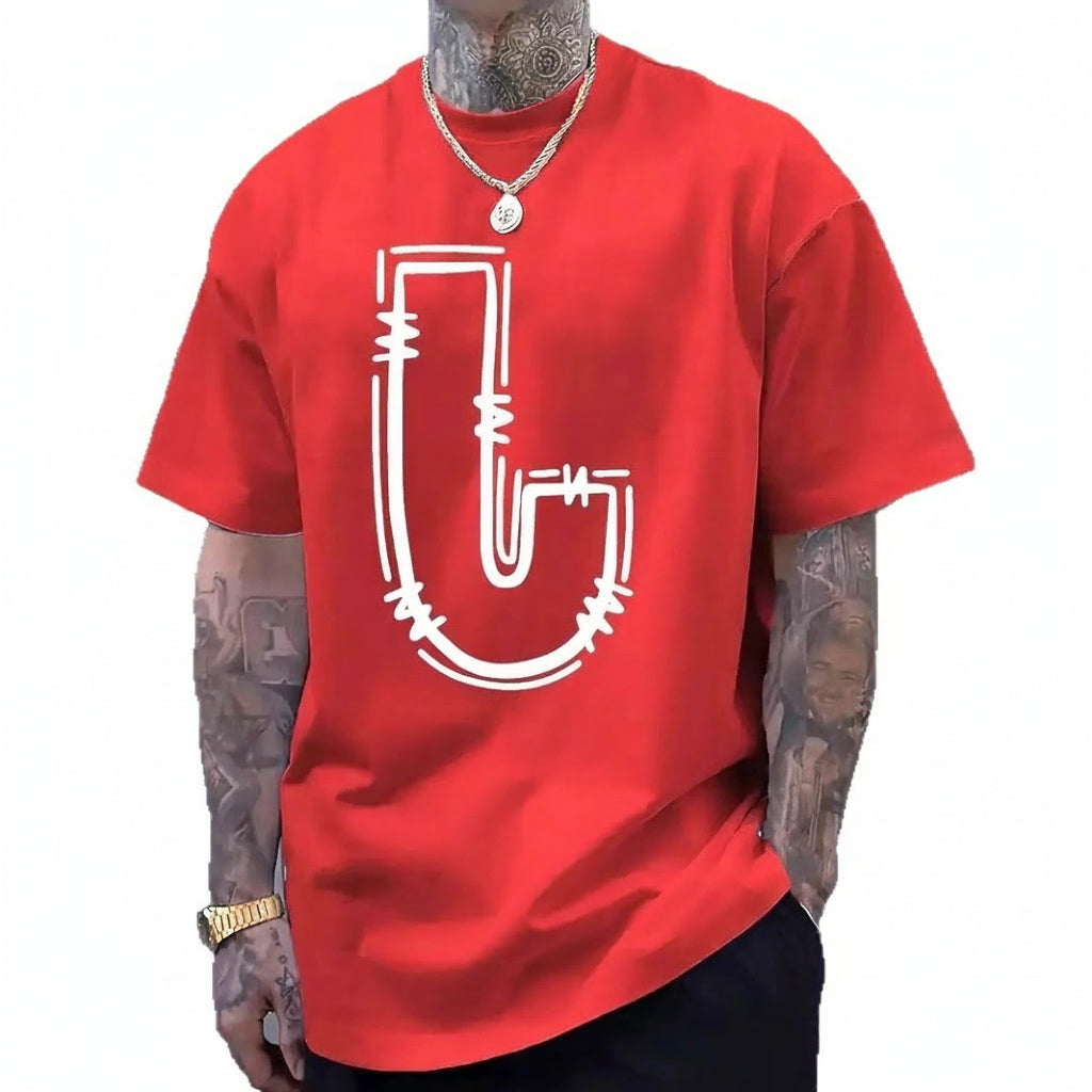 Red t-shirt with a white graphic design on a white background