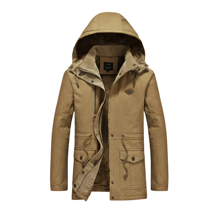Tan hooded jacket on a white background