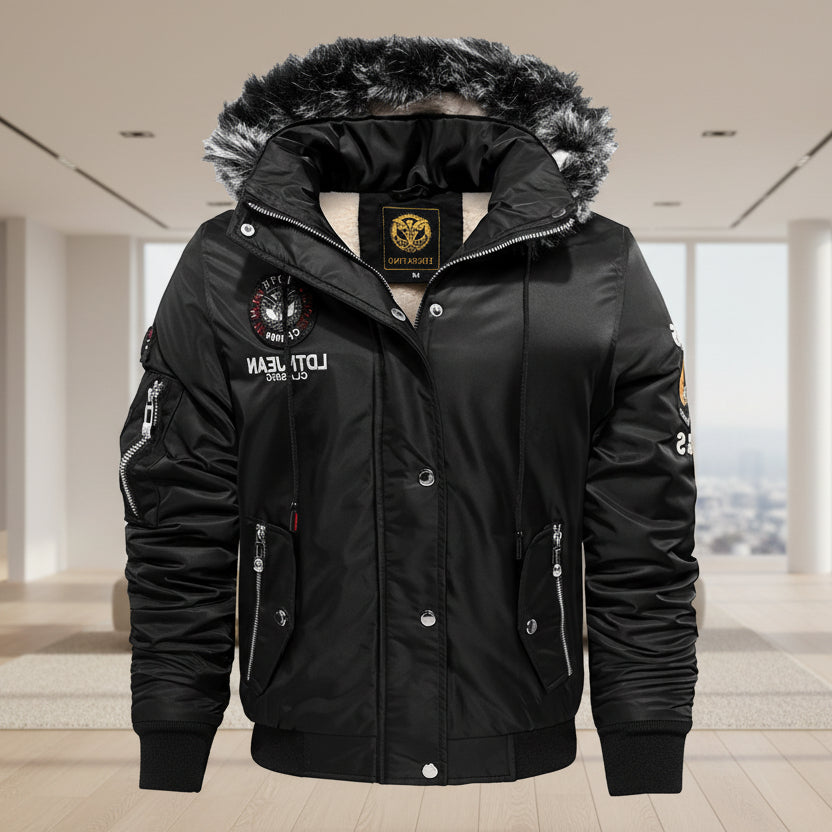 Black winter jacket with fur-lined hood on a dark background