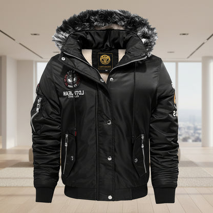 Black winter jacket with fur-lined hood on a dark background