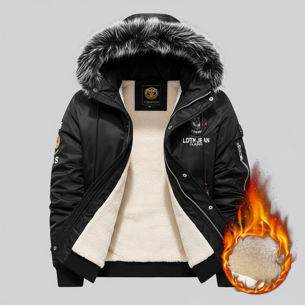 Black winter jacket with fur-lined hood on a dark background