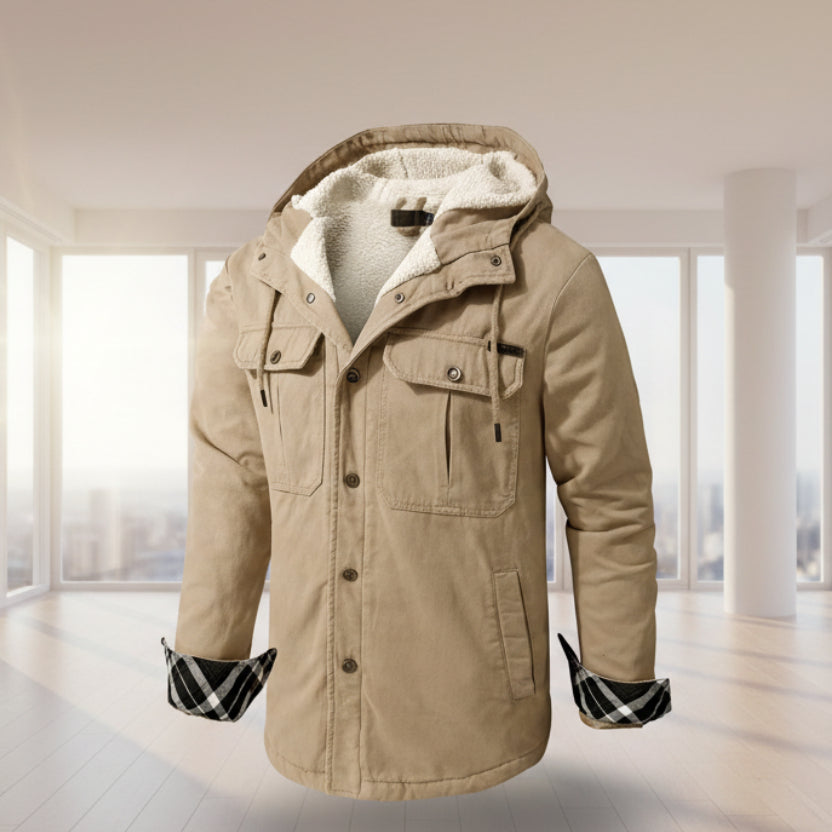 Beige winter jacket with plaid cuffs on a white background