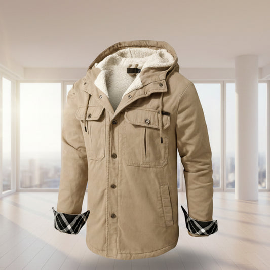Beige winter jacket with plaid cuffs on a white background