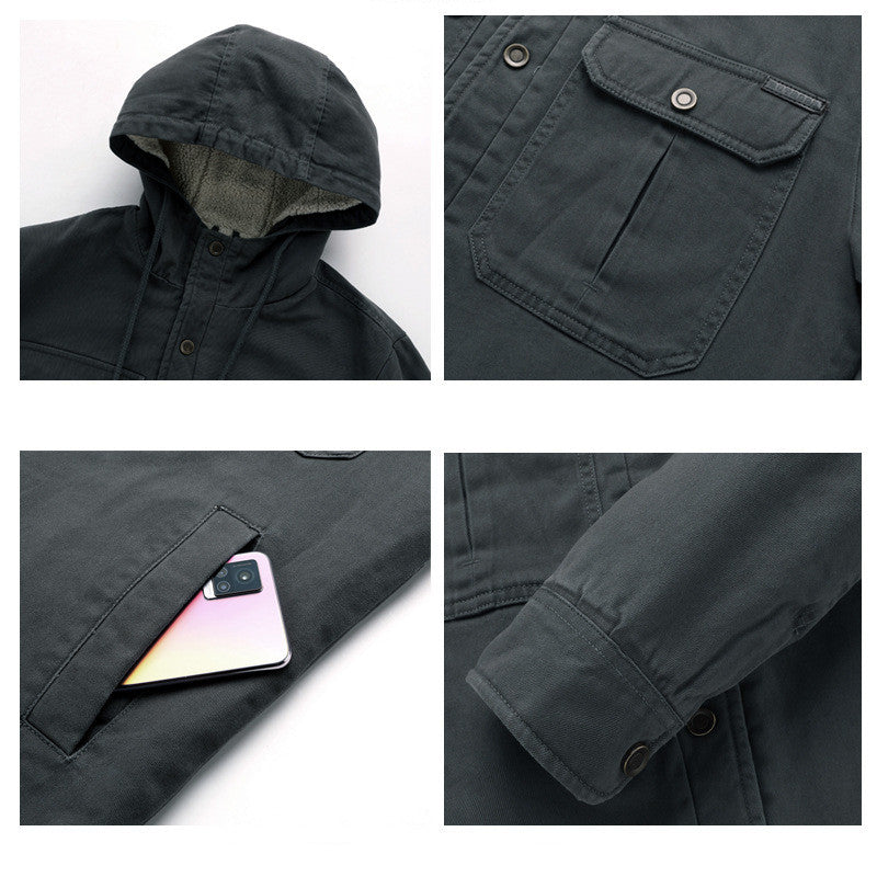 Collage of a dark gray jacket with hood, pocket, and sleeve details on a white background.