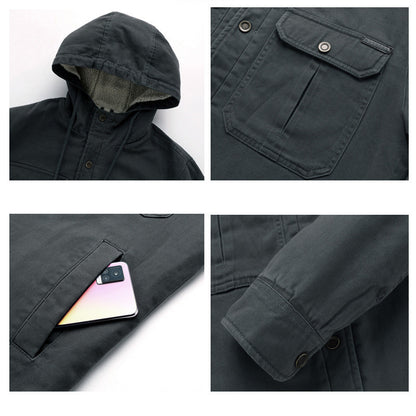 Collage of a dark gray jacket with hood, pocket, and sleeve details on a white background.