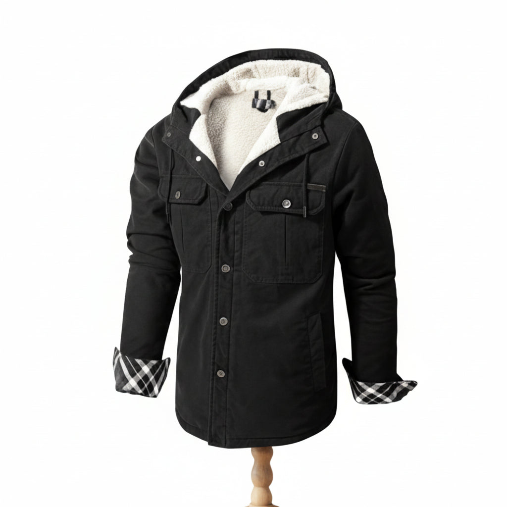 Black jacket with white fleece lining on a white background