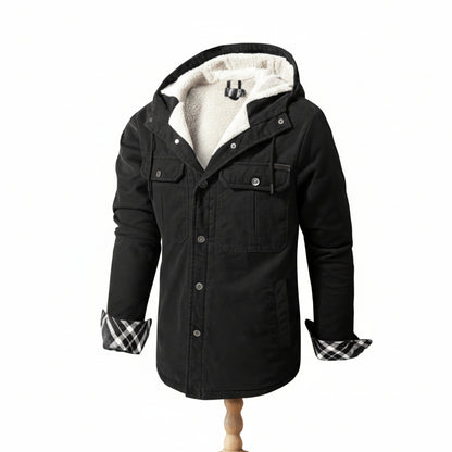 Black jacket with white fleece lining on a white background