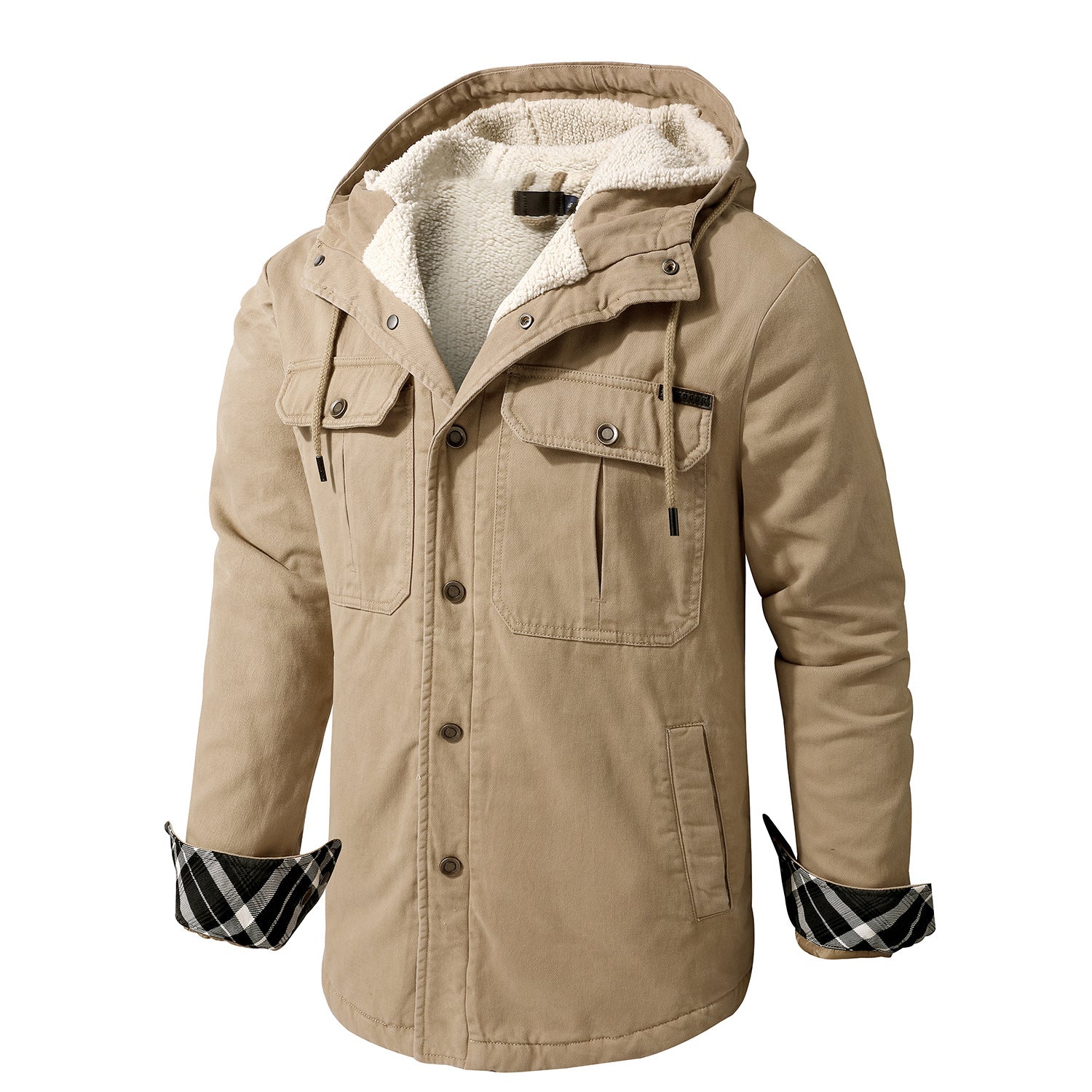 Beige winter jacket with plaid cuffs on a white background